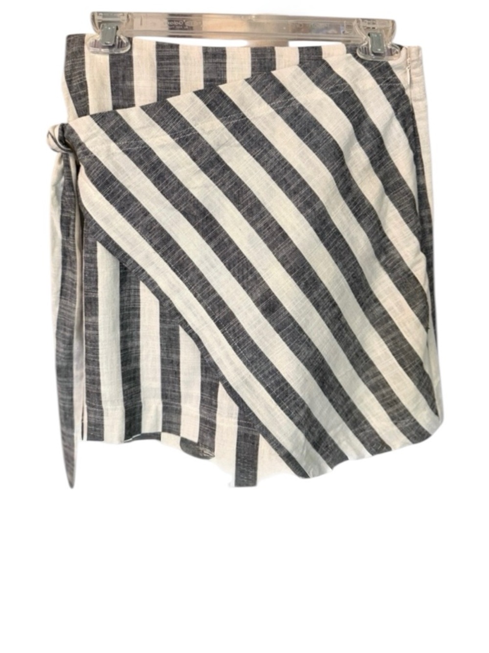 By Together Charcoal & White Striped Wrap Mini Skirt. Linen Blend - Picture 3 of 3